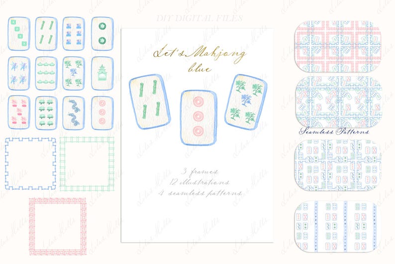 May include: A set of 12 illustrated Mahjong tiles in blue and white with a floral design. The set also includes 3 framed tiles and 4 seamless patterns. The text "Let's Mahjong blue" is written in gold lettering.