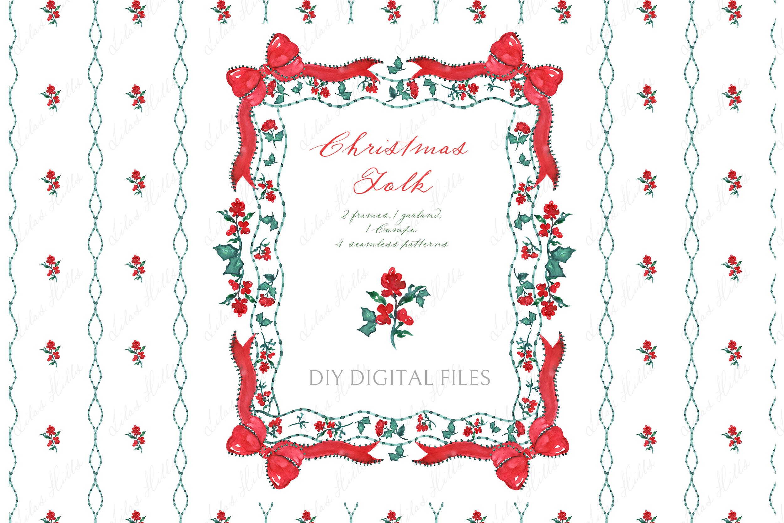 Christmas Folk.  Red Green Christmas Flowers Clipart DIY Digital paper Watercolor Wreath Frame