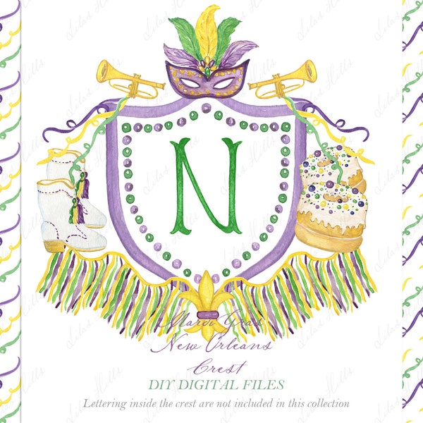Mardi Gras New Orleans Crest DIY Family  Digital papers Watercolor Clipart Grand millennial