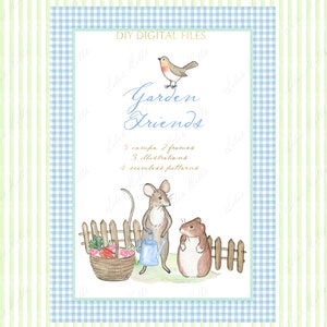 Garden Friends Party DIY Digital Baby Birthday Gingham papier Cadres Souris Peter Rabbit Aquarelle Clipart Grand millénaire