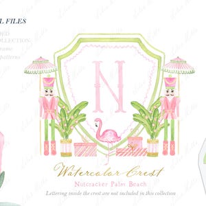 Può includere: Un'illustrazione digitale ad acquerello che presenta uno stemma centrale con una lettera N rosa, affiancato da due schiaccianoci sotto ombrelloni a righe, palme in vaso, un fenicottero rosa e scatole regalo, con il testo Watercolor Crest.