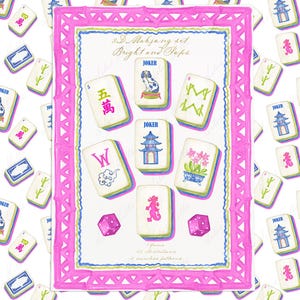 May include: An illustrated Mahjong set with a pink border. The set features tiles with symbols, a dog, and the word "JOKER". Two pink dice are included. The text "SD Mahjong set Bright and Seps" is visible on the illustration.