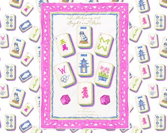 May include: A patterned illustration of a Mahjong set with a pink border. The set includes tiles with various symbols, a dog, and the text "JOKER". Two pink dice are also present. The text "SD Mahjong set Bright and Seps" is visible.