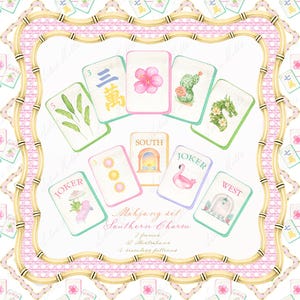 May include: Watercolor illustration of a Mahjong set, "Southern Charm", featuring various tiles with floral and nature-themed designs. The set includes tiles with a flamingo, cactus, and other elements, framed by a bamboo-style border.