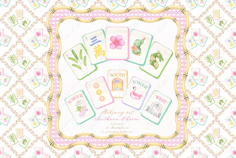 May include: Watercolor illustration of a Mahjong set, "Southern Charm", featuring various tiles with floral and nature-themed designs. The set includes tiles with a flamingo, cactus, and other elements, framed by a bamboo-style border.