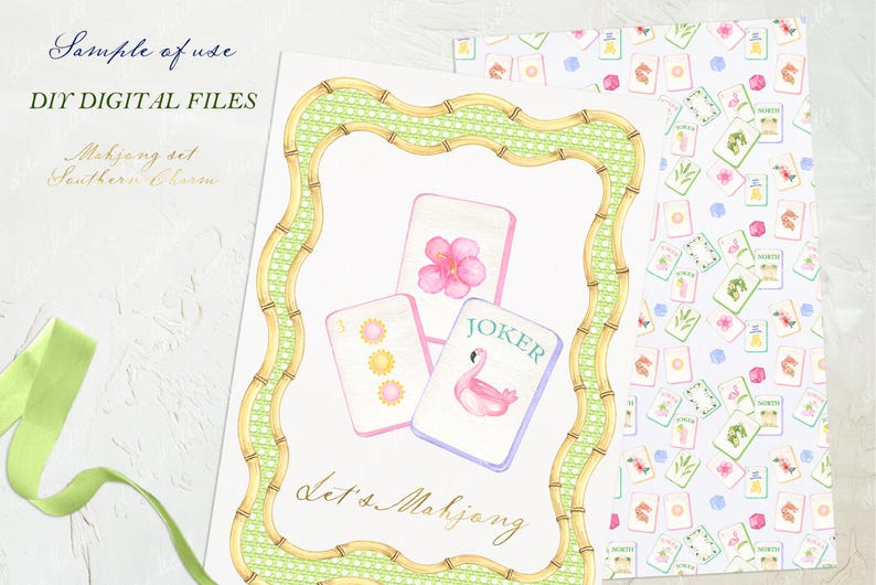 May include: Watercolor illustration of Mahjong tiles with a bamboo-style frame. The tiles feature floral and flamingo designs, with the text "Let's Mahjong". The words "DIY DIGITAL FILES" are also visible.