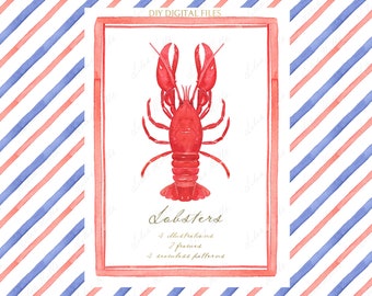 Watercolor Lobster red blue Grandmillennial Seaside DIY Digital paper Frames Watercolor Clipart