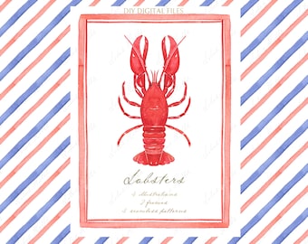 Watercolor Lobster red blue Grandmillennial Seaside DIY Digital paper Frames Watercolor Clipart