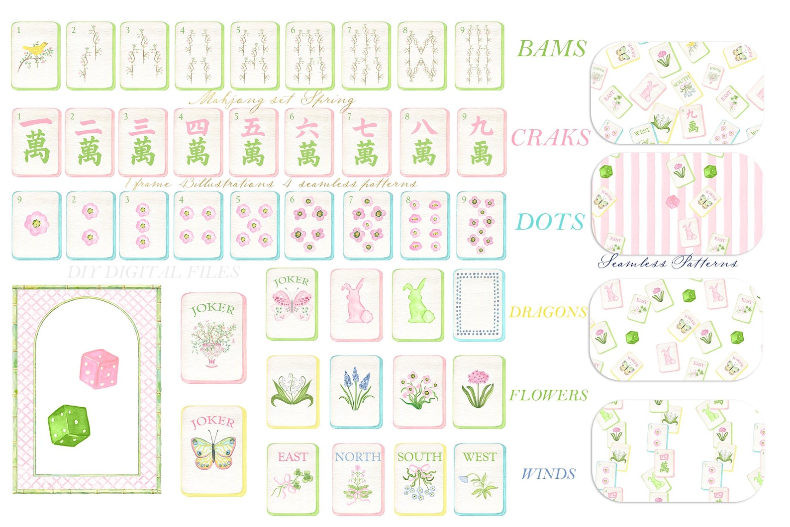 Spring Mahjong Set Spring Mahjong Set Clipart: Watercolor Tiles American Mahjong, Digital ...