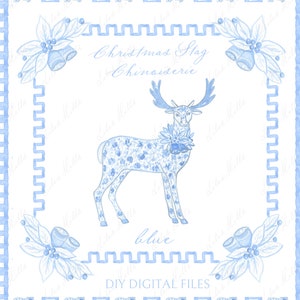 鹿のシノワズリークリスマスブルーDIYデジタルクリップアート。デジタルペーパー