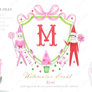 May include: A watercolor crest with a pink and green color scheme. The crest features a large letter "M" in red, surrounded by candy canes, a Christmas tree, and two elves. The text "Falala" and "Dear Santa" are written on either side of the crest. The text "Watercolor Crest Elves" is written below the crest.