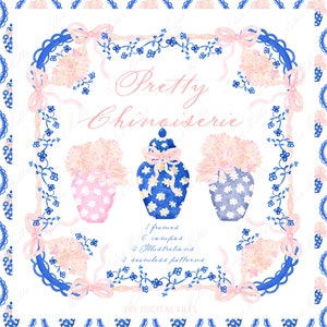 Jolies fleurs chinoises bleues avec noeud rose. DIY Cadres en papier numérique aquarelle Clipart