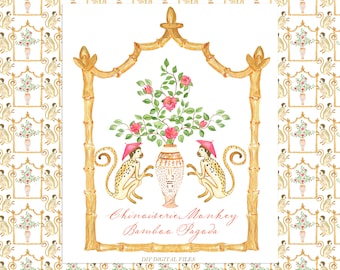 Chinoiserie Monkey Bamboo Pagoda Orange Toile. DIY Digital paper Frames Watercolor Clipart
