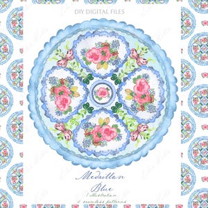 May include: Watercolor illustration of a blue medallion with pink roses, butterflies, and green accents. The design is repeated in a seamless pattern. Text reads "Medallion Blue".