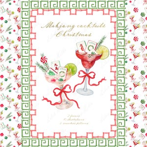 May include: Watercolor illustration featuring two cocktail glasses with red bows, lime slices, and Mahjong tiles. The text "Mahjong cocktails Christmas" is in gold script. The background has a repeating pattern of cocktails, candies, and Mahjong tiles.