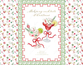 Mahjong Christmas Cocktails Watercolor Clipart, Frames (Digital)
