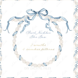 Parelsketting Vintage blauwe striklijsten Bruiloft doe-het-zelf digitale clipart Naadloze patronen