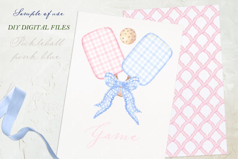 May include: A digital file for a DIY pickleball game. The image shows two watercolour paddles, one pink and one blue, tied together with a blue bow. A white ball is in the background.