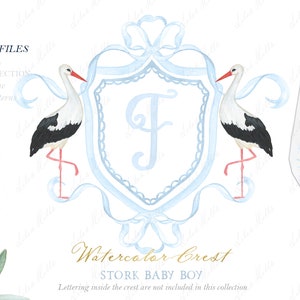 Cigogne nouveau-né garçon famille aquarelle crête bricolage poussiéreux bleu arc papiers numériques aquarelle Clipart