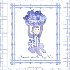Chinoiserie Blue Monkey met vaas.  Bamboelijst DIY Digitale papierlijsten Aquarel Clipart