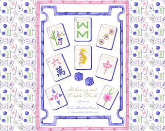 Mahjong Set PNG Watercolor DIY clipart Chinoiserie Grand millennial Wedding Clipart Digital paper Frames