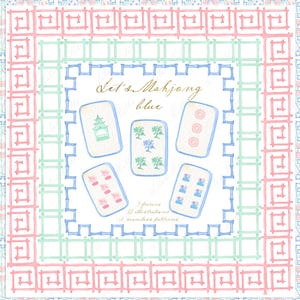 May include: A white background with a blue border and a pink and blue patterned border. The text "Let's Mahjong Blue" is written in black cursive. There are six blue and white mahjong tiles with different symbols and numbers.