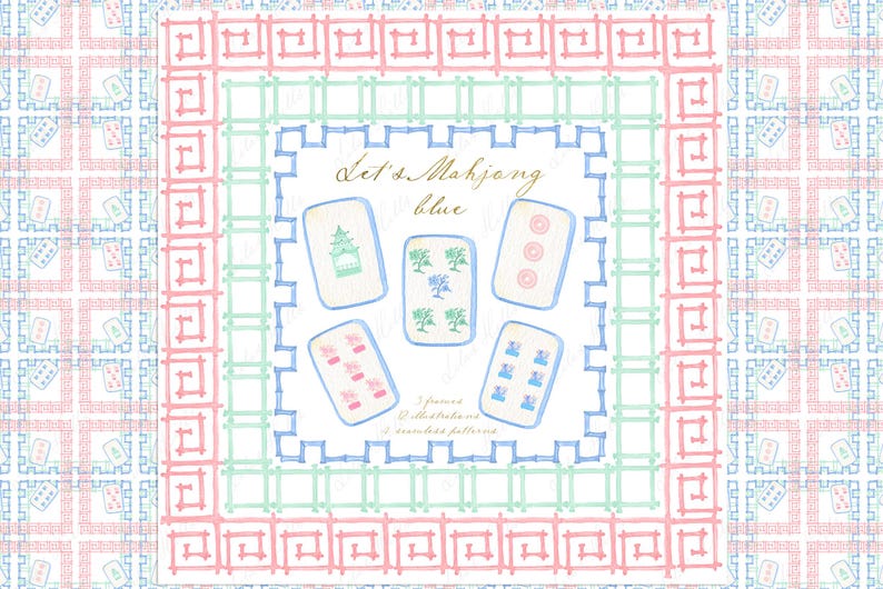 May include: A white background with a blue border and a pink and blue patterned border. The text "Let's Mahjong Blue" is written in black cursive. There are six blue and white mahjong tiles with different symbols and numbers.