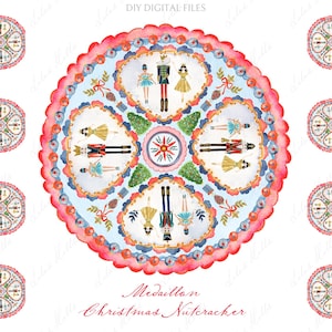 Op de afbeelding: Een digitaal bestand met een grote ronde medaillon met een aquarelillustratie van notenkrakers, ballerina's en kerstbomen. Het ontwerp bevat een geschulpte roze rand en de tekst "Medallion Christmas Nutcracker".