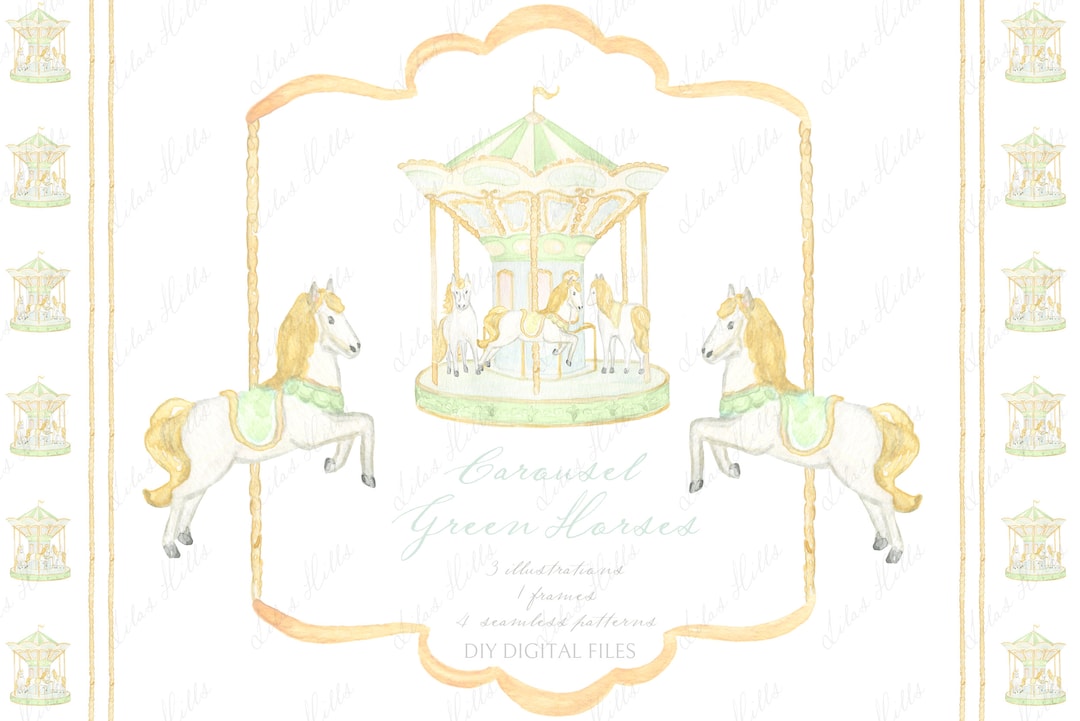 Carousel Horses Green Vintage Pastel Colors Baby Shower Grandmillennial ...