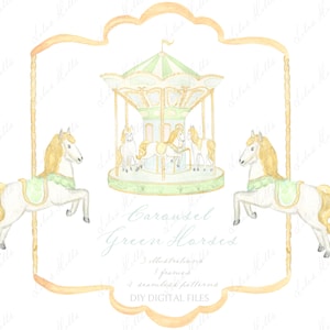 Carousel Horses Green Vintage Pastel Colors Baby shower Grandmillennial  soft green DIY Digital paper Frames Watercolor Clipart