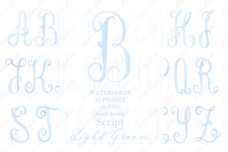 Baby Blue Script Letters Watercolor Script Letters, Light Blue Monogram (PNG Digital Download ...