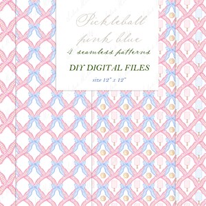 May include: Four digital seamless patterns featuring a pink and blue pickleball paddle, ball, and bow design. The patterns are 12 inches by 12 inches.