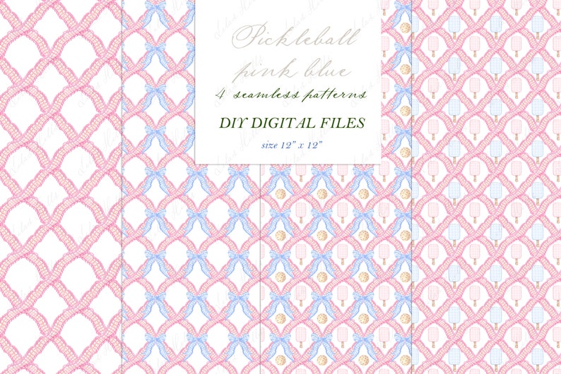 May include: Four digital seamless patterns featuring a pink and blue pickleball paddle, ball, and bow design. The patterns are 12 inches by 12 inches.
