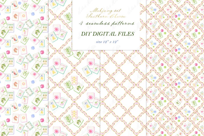 May include: Four seamless patterns with a Mahjong set theme. The patterns feature watercolor illustrations of Mahjong tiles, flowers, and geometric designs. The text "DIY DIGITAL FILES" is included. Each pattern is 12 x 12 inches.