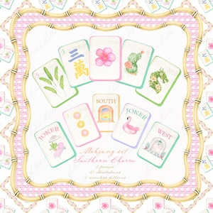 Może przedstawiać: Akwarelowa ilustracja zestawu Mahjonga, "Southern Charm", z kafelkami z motywami kwiatowymi i przyrodniczymi. Zestaw zawiera kafelki z flamingiem, kaktusem i innymi elementami, obramowanymi bambusową obwódką.