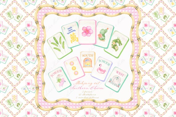 American Mahjong Set Clipart, Mahjong PNG, Watercolor Mahjong Tiles, Southern Charm Palm Beach Digital Paper