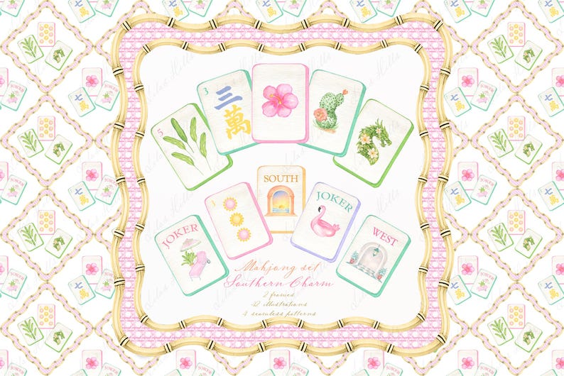 May include: Watercolor illustration of a Mahjong set, "Southern Charm", featuring various tiles with floral and nature-themed designs. The set includes tiles with a flamingo, cactus, and other elements, framed by a bamboo-style border.