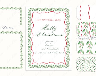 Holly Christmas. DIY Digital Clipart. Digital paper Frames Card Templates