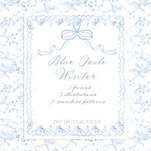 Marcos de papel digital para manualidades, acuarela, imágenes prediseñadas, invierno, Navidad, vintage, toile azul