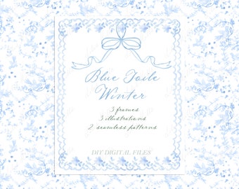 Blue Toile Winter Vintage Christmas. DIY Digital paper Frames Watercolor Clipart