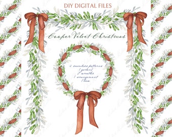 Christmas Bow Clipart: Cooper Velvet, Garland, Wreaths (Digital Download)