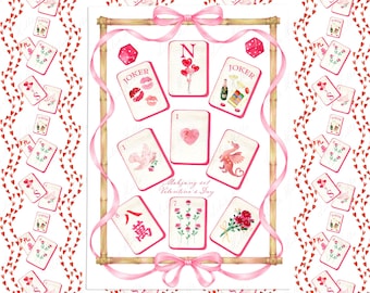Mahjong Set Clipart Valentine's day, Pink  Love Chinoiserie Mahjong  DIY (Digital PNG )