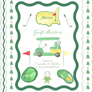 Clipart de maîtres de golf, cadre aquarelle vert jaune. Voiture de golf vintage Clipart numérique bricolage