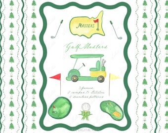 Golf Masters Clipart, Green Yellow Watercolor Frame. Golf car Vintage  DIY Digital Clipart