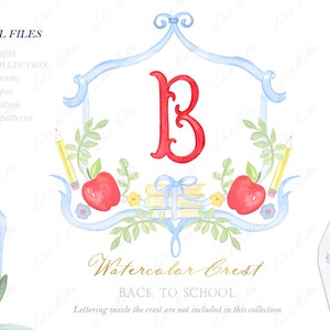 Back to School  Family Grand Millennial Watercolor Crest DIY Dusty Blue Bow Digital papers Watercolor Clipart