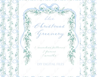 Christmas Greenery Light blue. Vintage  DIY Digital Clipart. Digital paper Frames Card Templates