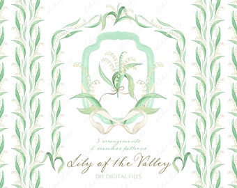 Lily of the valley.  Spring greenery. Easter DIY Digital Clipart. Seamless patterns Bouquet crest