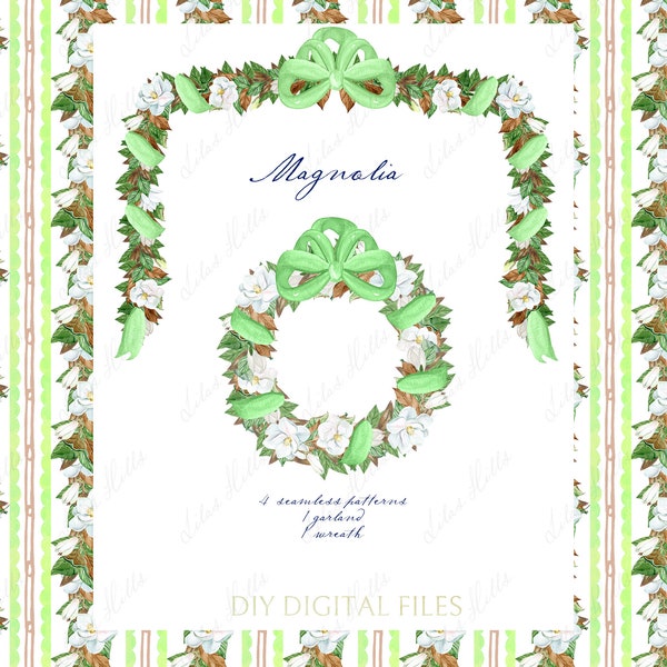 Southern Magnolia Garland  Green Preppy Christmas Grand millennial Christmas Magnolia Watercolor