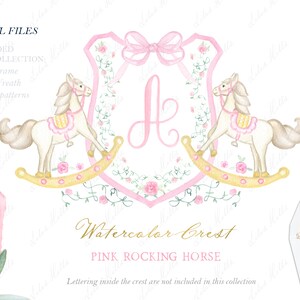 Rosa Schaukelpferd Neugeborene Mädchen Familie Aquarell Crest DIY Altrosa Schleife Digital papers Aquarell Clipart
