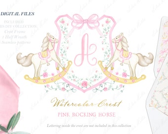Pink Rocking Horse Watercolor Clipart: Crest, Wreath, Papers (Digital Download)